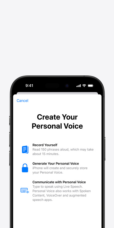 iPhone 16 Pro screen showing Personal Voice feature with instructions on how to create your Personal Voice
