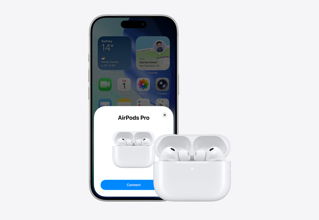 iPhone front exterior, AirPod connection pop-up on screen, AirPods in open case next to iPhone