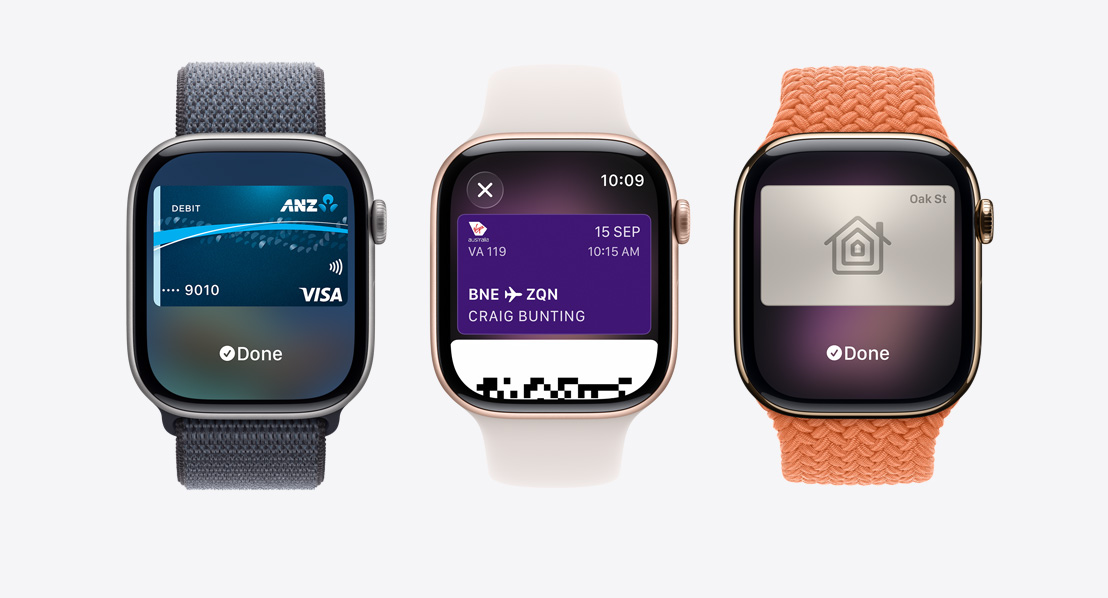 Apple Watch Series 11 devices, aluminium and titanium cases, silver, rose gold and gold colours, Apple Pay screen, Apple Wallet, home key card, Bands: Sport Loop, anchor blue colour, Sport Band, light blush colour, Braided Solo Loop, turmeric colour