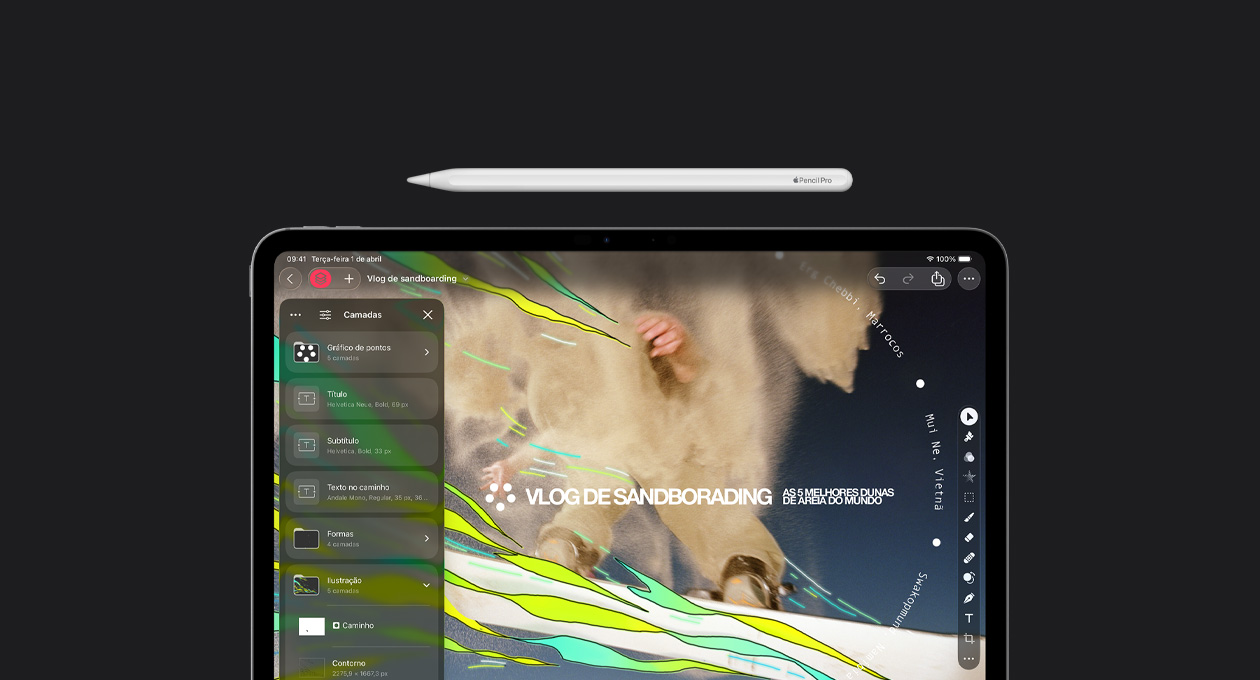 Apple Pencil sobre um iPad Pro de 13 polegadas, a tela mostra o Pixelmator Pro com ferramentas de camadas e design gráfico e um arquivo de vlog sobre sandboard