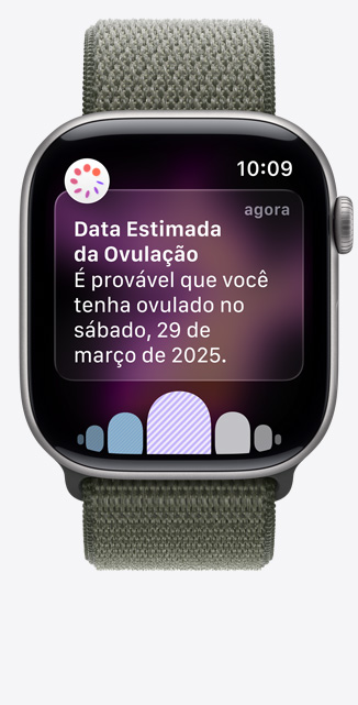 Apple Watch Series 11 com caixa de alumínio cinza-espacial, notificação de estimativa da data de ovulação do Acompanhamento de Ciclo no app Saúde, Digital Crown, pulseira loop esportiva floresta