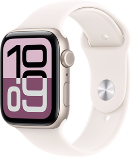 Apple Watch SE 3, aluminum case, starlight colour, Flux watch face, right side exterior, Digital Crown, microphone, side button, starlight Sport Band, silver pin-and-tuck closure