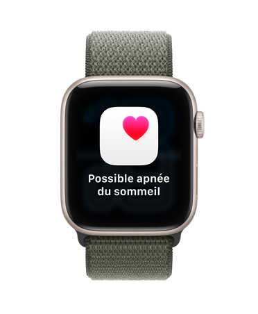 Apple Watch SE 3, boîtier en aluminium, comète, notification de possible apnée du sommeil, cœur rose dans un encadré blanc, côté droit extérieur, Digital Crown, bracelet sport, brume violette