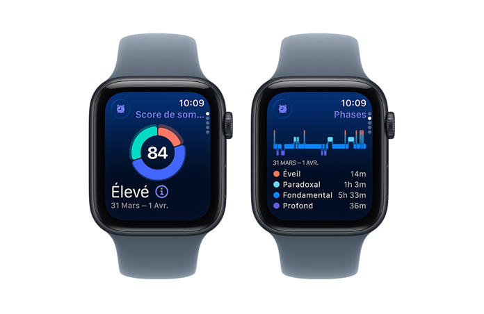 Apple Watch SE 3, score de sommeil, graphique circulaire et note chiffrée, analyse du temps passé en éveil et en sommeil paradoxal, fondamental et profond avec Phases de sommeil