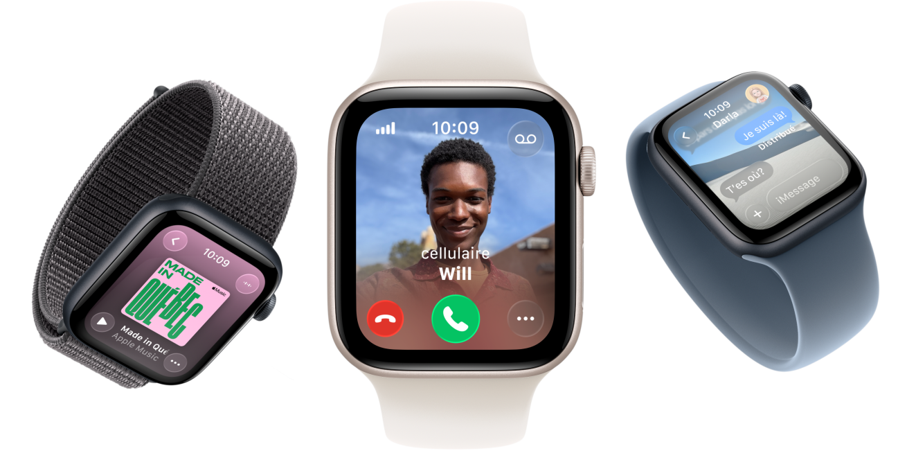 Plusieurs Apple Watch SE 3, boîtiers en aluminium, finis comète et minuit, bracelet sport à rabat, gris foncé, bracelet solo, rose tendre, bracelet solo, bleu nautique, écrans : Apple Music, appel entrant, Messages