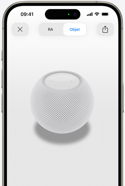 HomePod blanc en RA sur l’écran d’un iPhone.