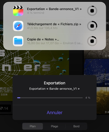 Une liste d’événements en direct en cours, qui s’exécutent simultanément, soit l’exportation d’une bande-annonce, le téléchargement de fichiers lourds et le déplacement de Notes vers Sauvegarde
