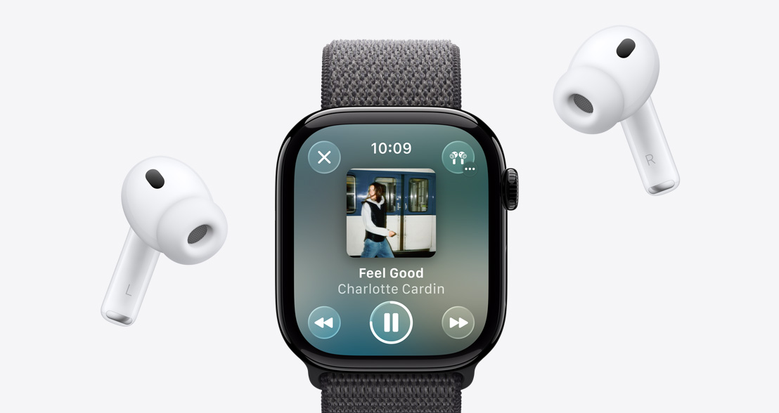 AirPods Pro 3, blancs, embouts en silicone, Apple Watch Series 11, boîtier en aluminium, noir de jais poli, lecture de musique avec Apple Music, bracelet sport à rabat, gris foncé