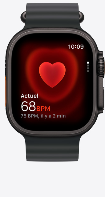 Apple Watch Ultra 3, boîtier en titane noir, app Fréquence cardiaque, battements par minute actuels