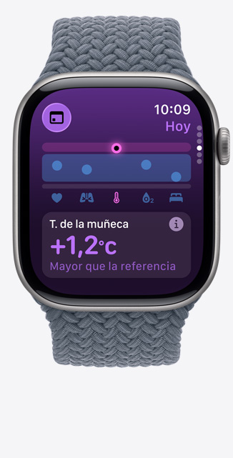 Apple Watch Series 11, caja de aluminio gris espacial, app Signos Vitales, gráfico con puntuaciones de salud, temperatura de la muñeca superior al valor basal, parte lateral derecha, Digital Crown, correa uniloop trenzada azul ancla