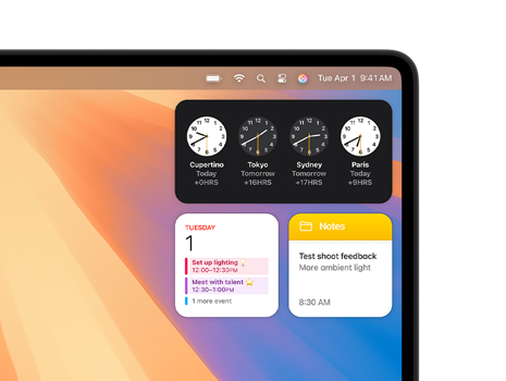 Un computador de escritorio Mac muestra diferentes widgets, como Reloj, Calendario y Notas.