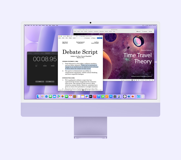 iMac morado: la pantalla muestra las apps Microsoft Word, Microsoft PowerPoint y Reloj