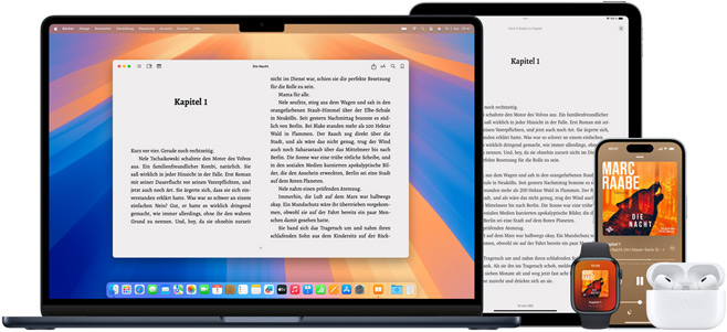MacBook Pro und iPad Air zeigen eine Seite aus demselben eBook in der Books App. Die Bildschirme von Apple Watch und iPhone 15 zeigen ein Buchcover aus demselben Hörbuch. Ein offenes AirPods Pro Case mit zwei AirPods Pro In‑Ear Kopfhörern.