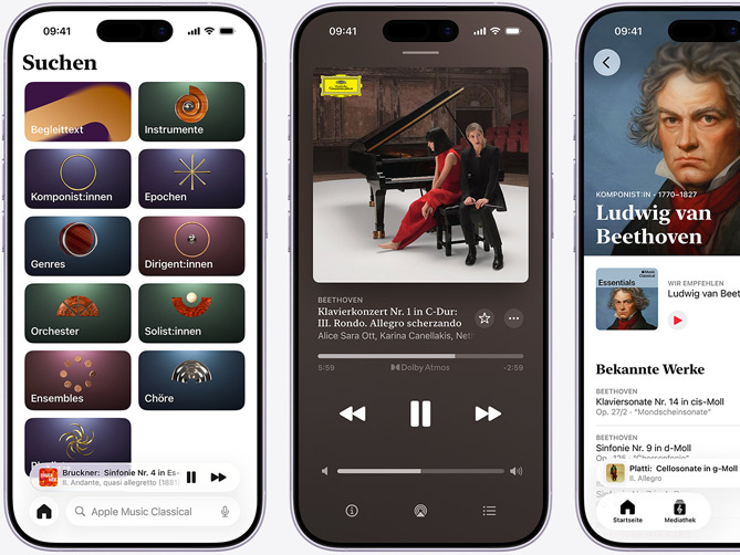 Das iPhone auf der linken Seite zeigt den Apple Music Classical Tab „Entdecken“ mit dem ausgewählten Katalog Tab mit den Kategorien Komponist:innen, Epochen, Genres, Dirigent:innen, Orchester, Solist:innen, Ensembles und Chöre. Das iPhone in der Mitte zeigt Beethovens Klavierkonzert Nr. 1 in C‑Dur, Op. 15: III. Rondo. Allegro scherzando in Dolby Atmos. Das iPhone auf der rechten Seite zeigt die Komponistenseite von Ludwig van Beethoven.