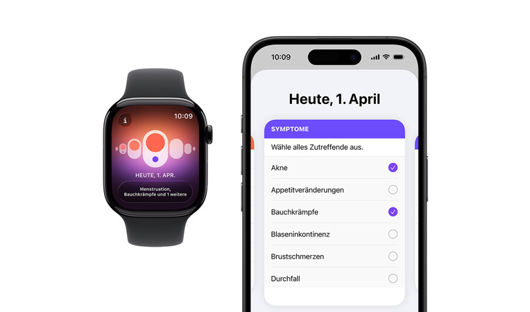 Apple Watch Series 11, Titangehäuse, Farbe Gold, Zyklusprotokoll App, Auswahl für tägliche Symptome auf gekoppeltem iPhone geöffnet