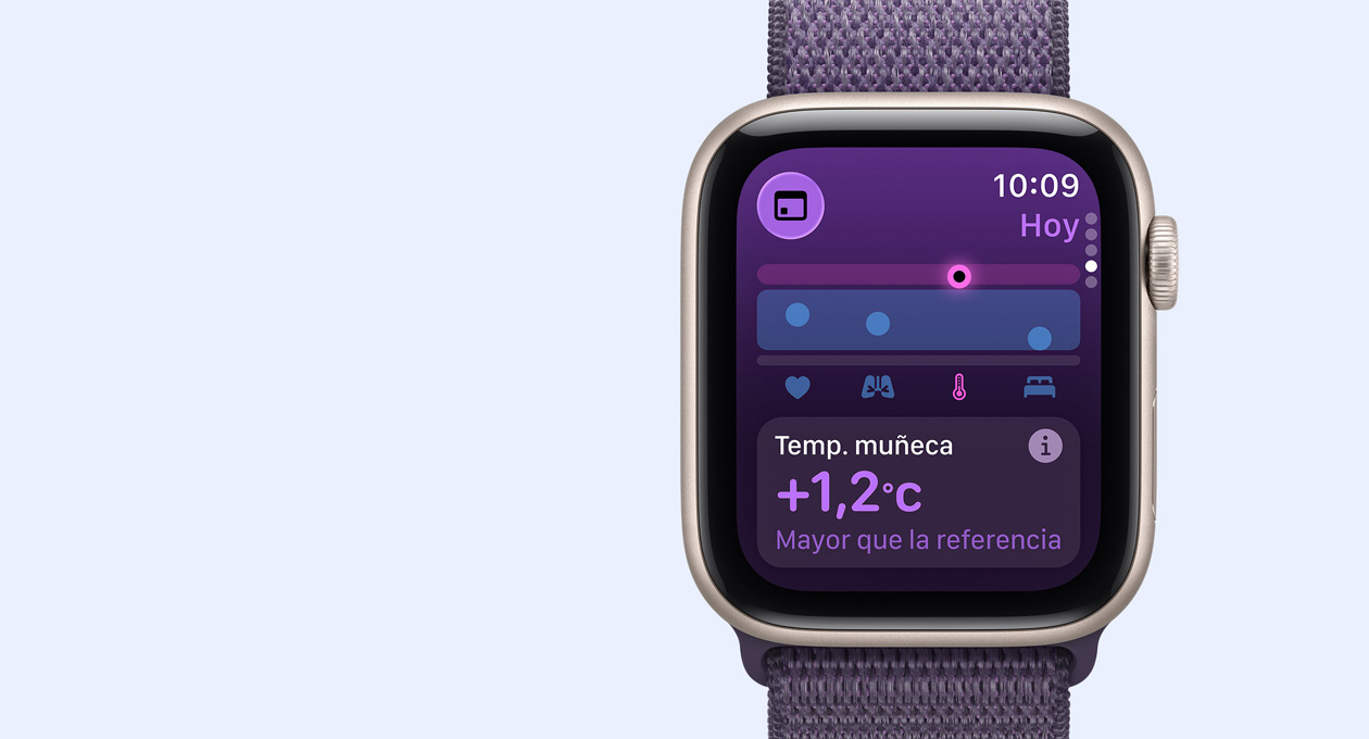 Apple Watch SE 3, caja de aluminio, color medianoche, datos de temperatura de la muñeca, lateral derecho, Digital Crown, correa Loop deportiva, color azul náutico