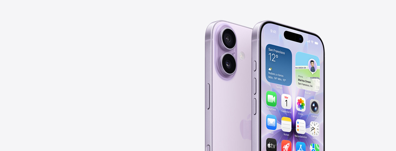 iPhone 17 en acabado lavanda, parte delantera exterior que muestra parte de la pantalla de inicio, vista lateral que muestra el botón Acción y los botones de volumen. Parte trasera exterior que muestra el sistema de cámara dual Fusion en la esquina superior izquierda, botón de control de la cámara