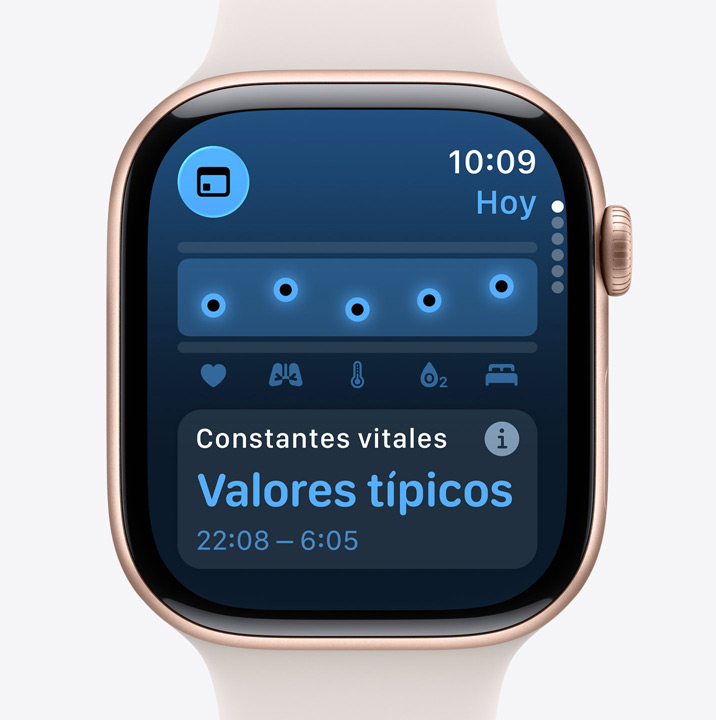 Apple Watch Series 11, caja de aluminio, color oro rosa, app Constantes Vitales, resumen de salud, notificación de constantes vitales nocturnas