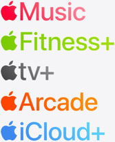 Ícones das apps Apple Music, Apple Fitness+, Apple TV+ Apple Arcade e iCloud+