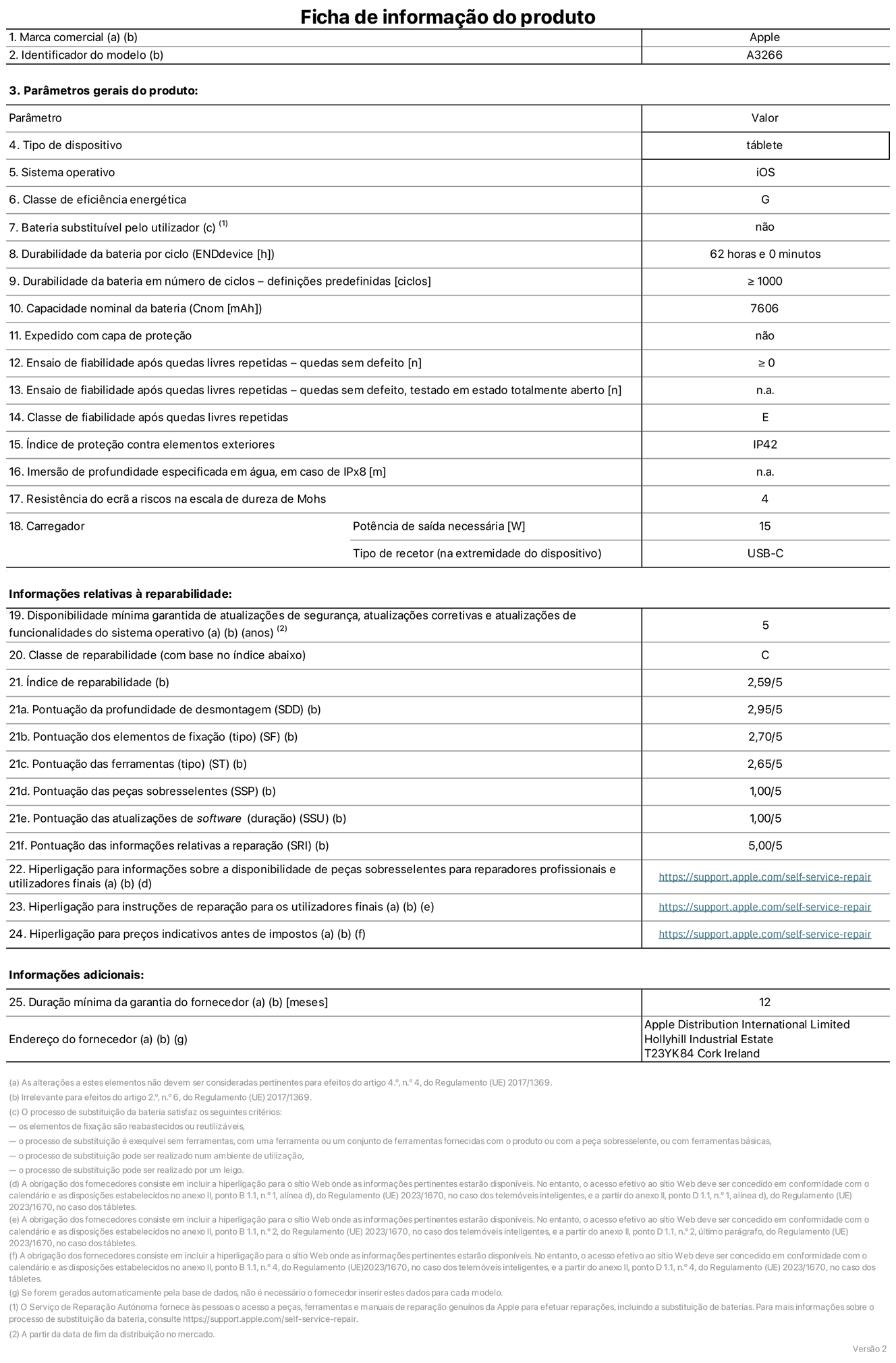 Folha de informações do produto para o iPad Air de 11 polegadas Wi-Fi. Modelo A3266. Fornecido pela Apple UK Ltd, 100 New Bridge Street, Londres EC4V 6JA. Tipo de dispositivo: tablet. Sistema operativo: iOS. Classe de eficiência energética para a gama dinâmica padrão: G. Autonomia da bateria de 62 horas. Autonomia da bateria em ciclos: ≥ 1000. Capacidade nominal da bateria: 7606 mAh. Teste de fiabilidade após quedas livres repetidas - quedas sem defeito: ≥ 0. Classe de fiabilidade após quedas livres repetidas: E. Proteção contra elementos exteriores: IP42. Resistência do ecrã a riscos na escala de dureza de Mohs: 4. Potência de saída necessária do carregador de 15 W. Tipo de recetor do carregador: USB-C. Disponibilidade mínima garantida de atualizações de segurança, atualizações corretivas e atualizações de funcionalidades do sistema operativo: 5 anos. Classe de reparabilidade: C. Índice de reparabilidade: 2,59/5. Pontuação da profundidade de desmontagem: 2,95/5. Pontuação dos elementos de fixação (tipo): 2,70/5. Pontuação das ferramentas: 2,65/5. Pontuação das peças sobresselentes: 1,00/5. Pontuação das atualizações de software: 1,00/5. Pontuação das informações relativas a reparação: 5,00/5. Hiperligação para informações sobre a disponibilidade de peças sobresselentes para reparadores profissionais e utilizadores finais: https://support.apple.com/self-service-repair. Hiperligação para instruções de reparação para utilizadores finais: https://support.apple.com/self-service-repair. Hiperligação para preços indicativos antes de impostos: https://support.apple.com/self-service-repair. Oferta de garantia geral de 12 meses.
