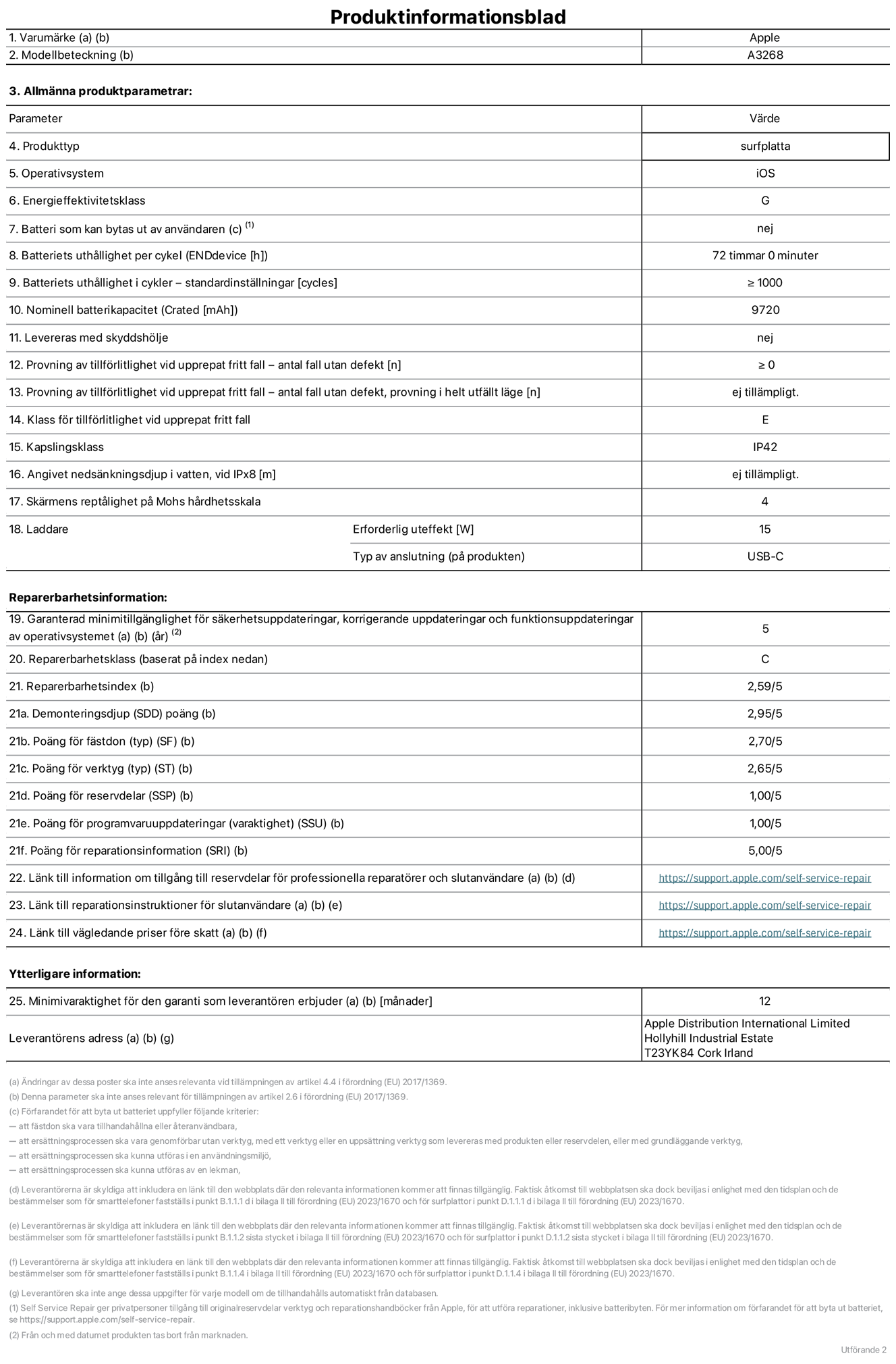 Produktinformationsblad för 13-tums iPad Air Wi-Fi, modell A3268. Tillhandahålls av Apple UK Ltd, 100 New Bridge Street, London EC4V 6JA. Enhetstyp: surfplatta. Operativsystem: iOS. Energieffektivitetsklass för Standard Dynamic Range: G. Batteritid: 72 timmar. Batteriets livslängd i antal cykler: ≥ 1000. Nominell batterikapacitet: 9720 mAh. Tillförlitlighetstest vid upprepat fritt fall – antal fall utan defekter: ≥ 0. Tillförlitlighet vid upprepat fritt fall: klass E. IP-klass: IP42. Skärmens reptålighet enligt Mohs hårdhetsskala: 4. Laddare – uteffekt som krävs: 15 W. Typ av uttag på laddaren: usb-c. Garanterad minimiperiod för tillgång till säkerhetsuppdateringar, korrigerande uppdateringar och funktionsuppdateringar av operativsystemet: 5 år. Reparerbarhetsklass: C. Reparerbarhetsindex: 2,59/5. Poäng för demonteringsdjup: 2,95/5. Poäng för fästen (typ): 2,70/5. Poäng för verktyg: 2,65/5. Poäng för reservdelar: 1,00/5. Poäng för mjukvaruuppdateringar: 1,00/5. Poäng för mjukvaruuppdateringar: 1,00/5. Poäng för reparationsinformation: 5,00/5. Länk till information om tillgängliga reservdelar för professionella reparatörer och slutanvändare: https://support.apple.com/self-service-repair. Länk till reparationsanvisningar för slutanvändare: https://support.apple.com/self-service-repair. Länk till vägledande priser före skatt: https://support.apple.com/self-service-repair. Produkten omfattas av 12 månaders garanti.