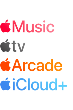 Applen tilauspalvelujen logot, muun muassa Apple Music, Apple TV+, Apple Arcade ja iCloud+