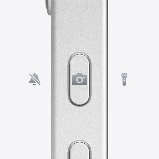 Action button on side of iPhone 16e in color White.