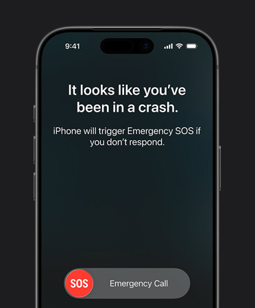 iPhone 17 Pro, face avant, angles arrondis, fonctionnalité détection des accidents en cours d’utilisation
