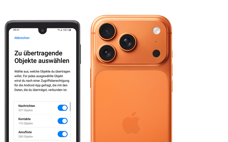 Android Display mit App „Auf iOS übertragen“ neben einem iPhone 17 Pro, Rückansicht, Pro Fusion Kamera-System, 3 Objektive, Mikrofon, Blitz