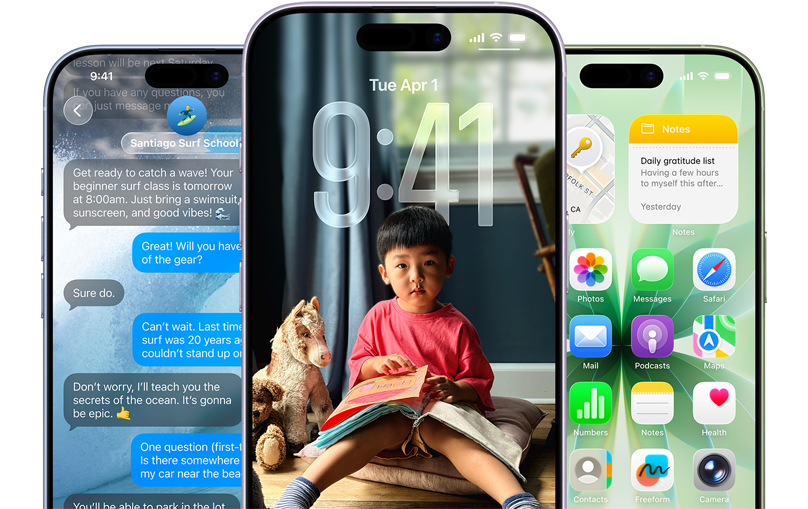 iPhone 17 Geräte, Vorderseite, Farben: Nebelblau, Lavendel, Salbei, iOS Features – Hintergrund in Nachrichten, Liquid Glass auf dem Sperrbildschirm und der Homescreen mit verschiedenen Apps