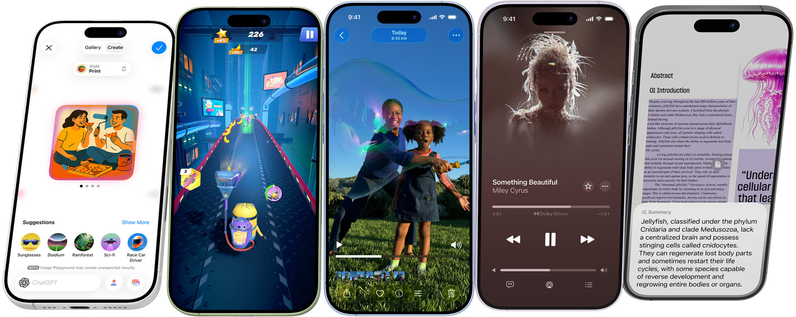 iPhone 17 Geräte drehen sich um die Querachse und kommen zum Stillstand, die Displays zeigen iPhone Features