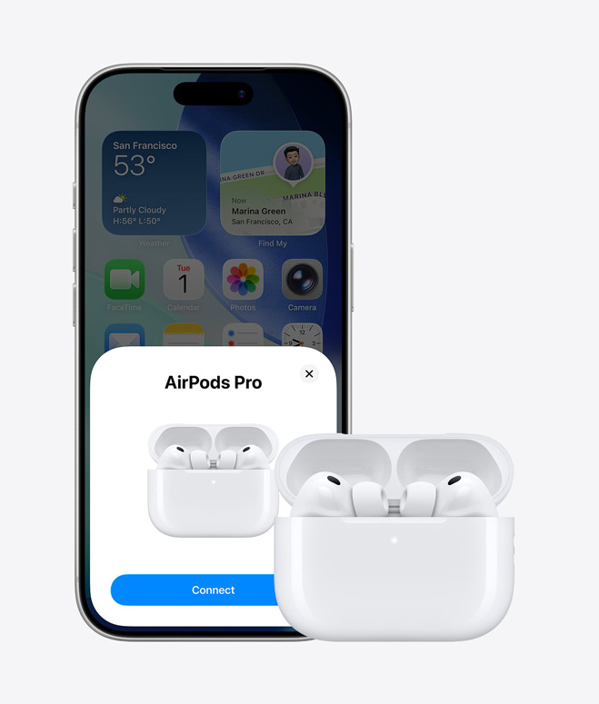 iPhone 17 Pro, etupuoli, taustalla Koti-valikko, AirPods-yhteyden ponnahdusikkuna näytöllä, AirPods-kuulokkeet avoimessa kotelossa iPhonen vieressä