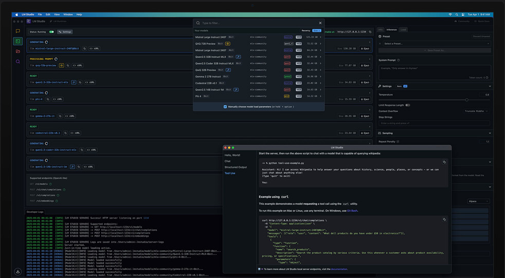 Auf einem M3 Ultra Mac Studio werden LM Studio und Apple MLX verwendet, um Lernmodelle zu überprüfen