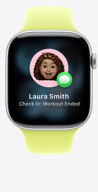 Apple Watch Series 11 com caixa em alumínio prateado, sugestão da Verificação no iMessage, Bracelete desportiva amarelo‑néon