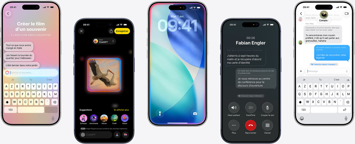 Cinq iPhone affichant des fonctionnalités Apple Intelligence : créer un film de souvenirs, générer une illustration dans Image Playground, écran de verrouillage iOS avec lueur interne, Traduction en direct pendant un appel, et traduction en temps réel dans Messages.