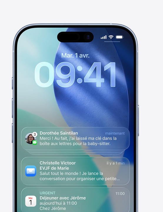 iPhone affichant des fenêtres contextuelles des apps Messages, Mail et Calendrier