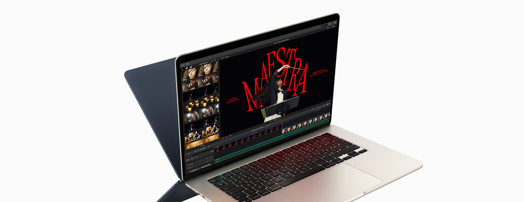 Un MacBook Air affichant un montage vidéo dans Final Cut Pro pour montrer les capacités de la puce M4. On aperçoit l’arrière d’un second MacBook Air derrière le premier, comme une image en miroir.