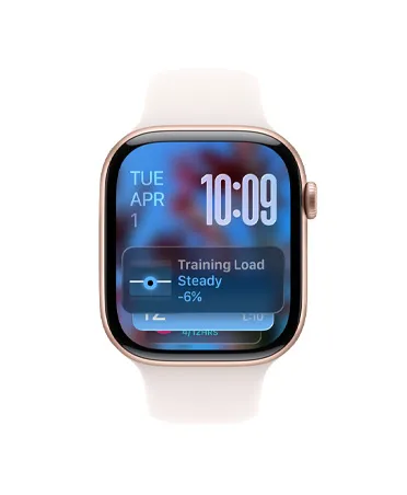 Apple Watch Series 11，玫瑰金色鋁金屬錶殼，展示智慧型疊放提示，配搭淡胭脂色錶帶