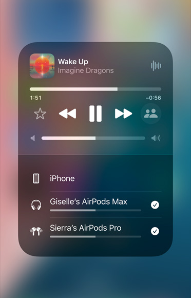 AirPlay screen on iPhone showing how to easily share an audio stream between two sets of AirPods.