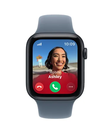 Apple Watch SE 3, aluminum case, midnight color, incoming call, contact photo, accept and decline call buttons, right side exterior, Digital Crown, Sport Band, anchor blue color