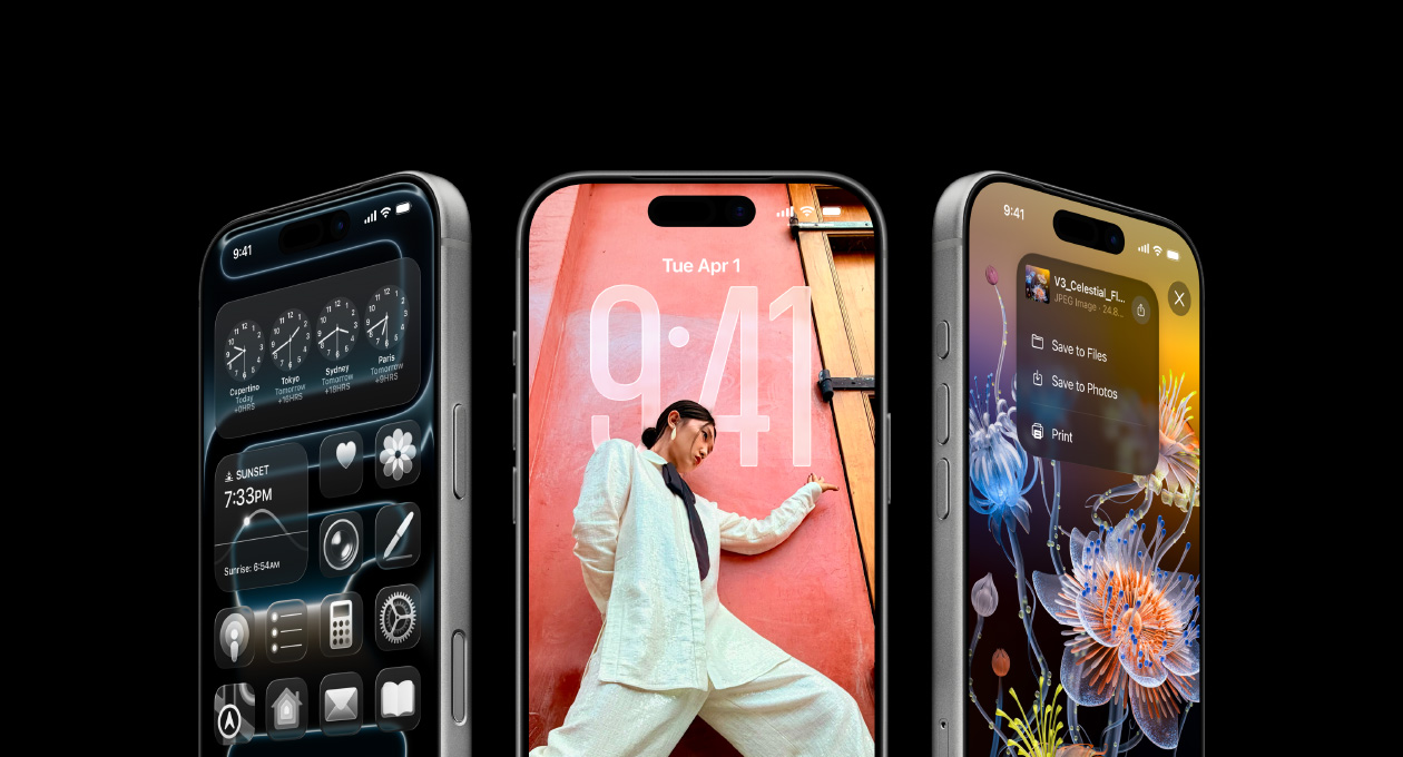 3 model iPhone 17 Pro, eksterior depan, berdampingan, menunjukkan aplikasi Jam Dunia, layar terkunci iOS 26, dan cara Simpan dari Catatan di aplikasi Catatan.