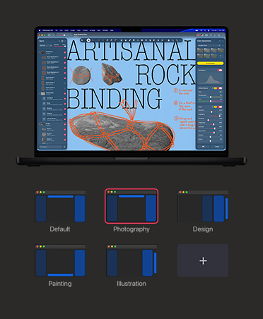 Layar MacBook Pro 16, gambar tentang pengikat batu artisanal, alat penyesuaian warna dan imbang putih
