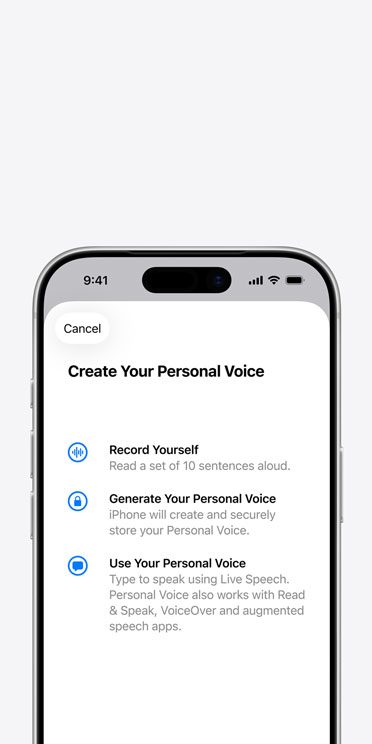 iPhone 17 Pro screen showing Personal Voice feature with instructions on how to create your Personal Voice