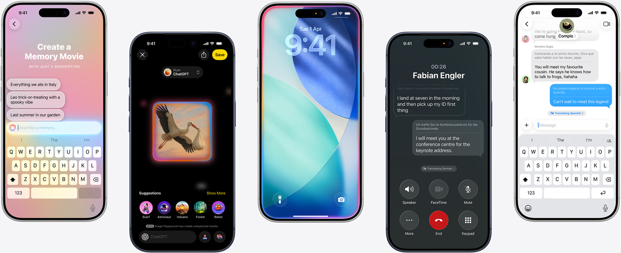 Five iPhone devices showing Apple Intelligence features: creating a Memory Movie, generating artwork in Image Playground, the iOS Lock Screen with inner glow, Live Translation during a phone call, and real-time translation in Messages.