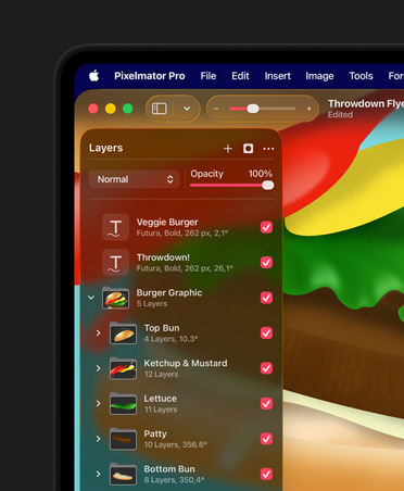 MacBook Pro 16″ screen, colourful illustration of burger, Pixelmator Pro arrange tools