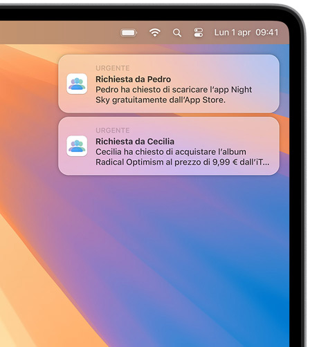 Due notifiche di macOS nell’angolo in alto a destra dello schermo di un Mac che mostrano due richieste di acquisto: la prima per Night Sky dall’App Store, la seconda per l’album MUNA dall’iTunes Store