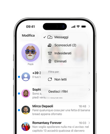 Un iPhone con i due terzi superiori dello schermo che mostrano l’app Messaggi con il menu dei nuovi strumenti di filtro in sovrimpressione