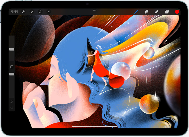 가로 방향으로 놓인 iPad Air의 Procreate 앱에서 일러스트레이션을 보여주는 모습