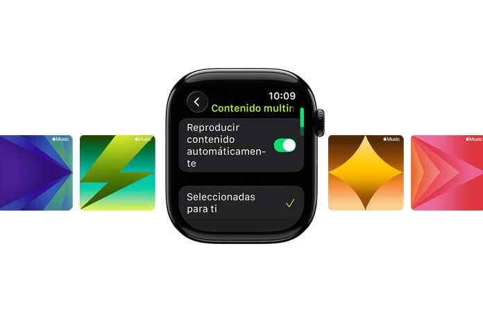 Apple Watch negro azabache ubicado en el centro, sin correa, carátula con las opciones Seleccionadas para Ti y Seleccionar Contenido, con fondos de pantalla de Apple Music personalizados detrás