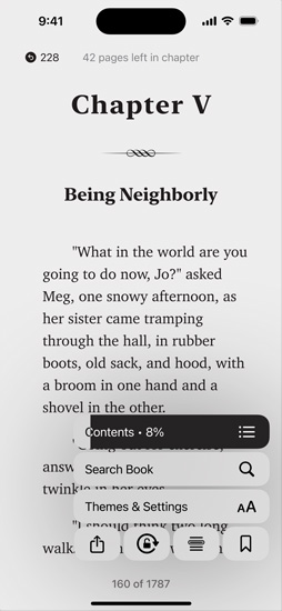 iPhone screen displaying a book page in the Books app. Overlaid on the book page, options for enlarging text, Search Book, and Themes & Settings on the screen are shown